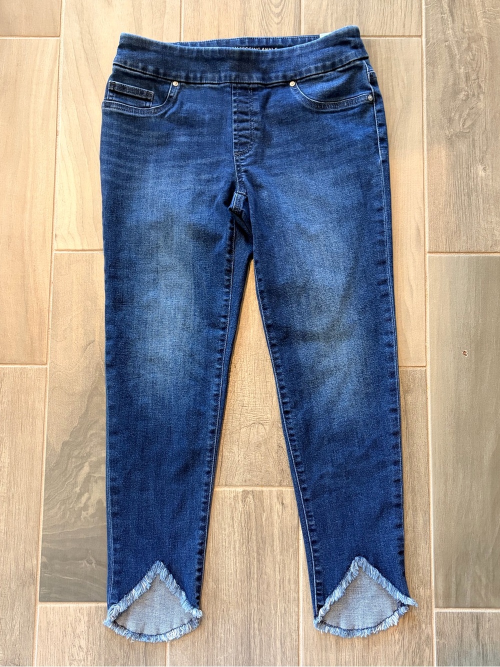 Chico's Dark Blue Frayed Ankle Jeans